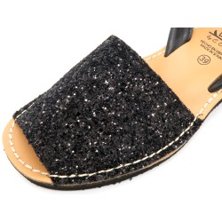 Women's Wedge Sandals Glitter Avarca Wedges with Leather Back-Strap sequins black 1275 Ortuno