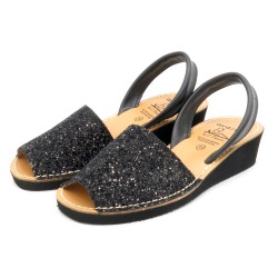 Women's Wedge Sandals Glitter Avarca Wedges with Leather Back-Strap sequins black 1275 Ortuno