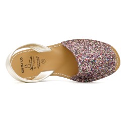 Damen Sandalen mit Keilabsatz Glitzer Keilsandaletten Avarca Keilsandalen Pailletten bunt Ortuno 1275