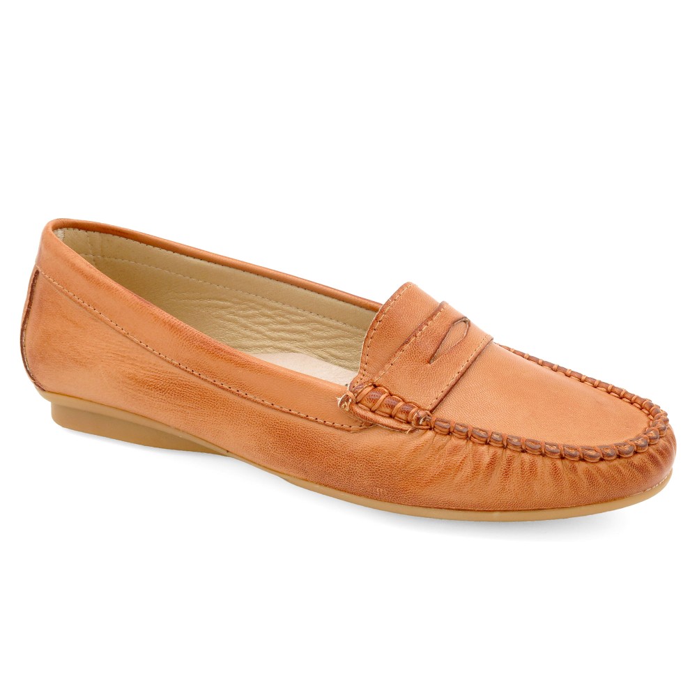 Damen Mokassins Leder cognac braun Loafer Echtleder Nappa Sommer Halbschuhe leicht Casual 903 Spanien