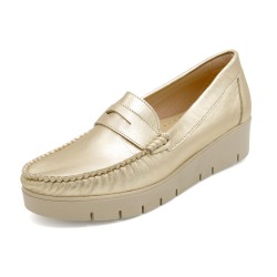 Damen Mokassins mit Keilabsatz Leder Schlupfschuhe Keilschuhe gold 1790 Casual