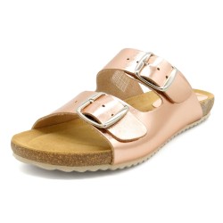 Damen Pantoletten Leder Sandalen Hausschuhe Kork Sohle Echtleder Fußbett rosa gold Korksandalen 896 BluSandal Spanien