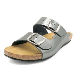 Damen Leder Sandalen Hausschuhe Pantoletten mit Fußbett & Kork Sohle silber grau 896 BluSandal Spanien