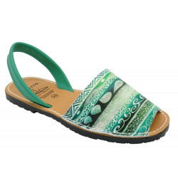 Damen Sandalen Leder Avarcas Sommer Schuhe Echtleder, Ornament grün 377 - Avarca Menorquina - Made In Spain