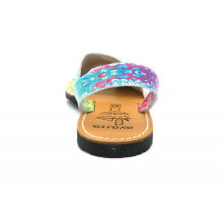 Women's Summer Sandals Leather Avarcas Flat Shoes, colorful blue floral pattern 381 - Avarca Menorquina - Made in Spain