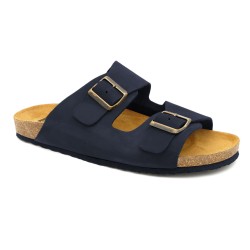 Herren Sandalen mit Fußbett navy blau Nubuk Leder Pantoletten mit Korksohle 8020 Casual