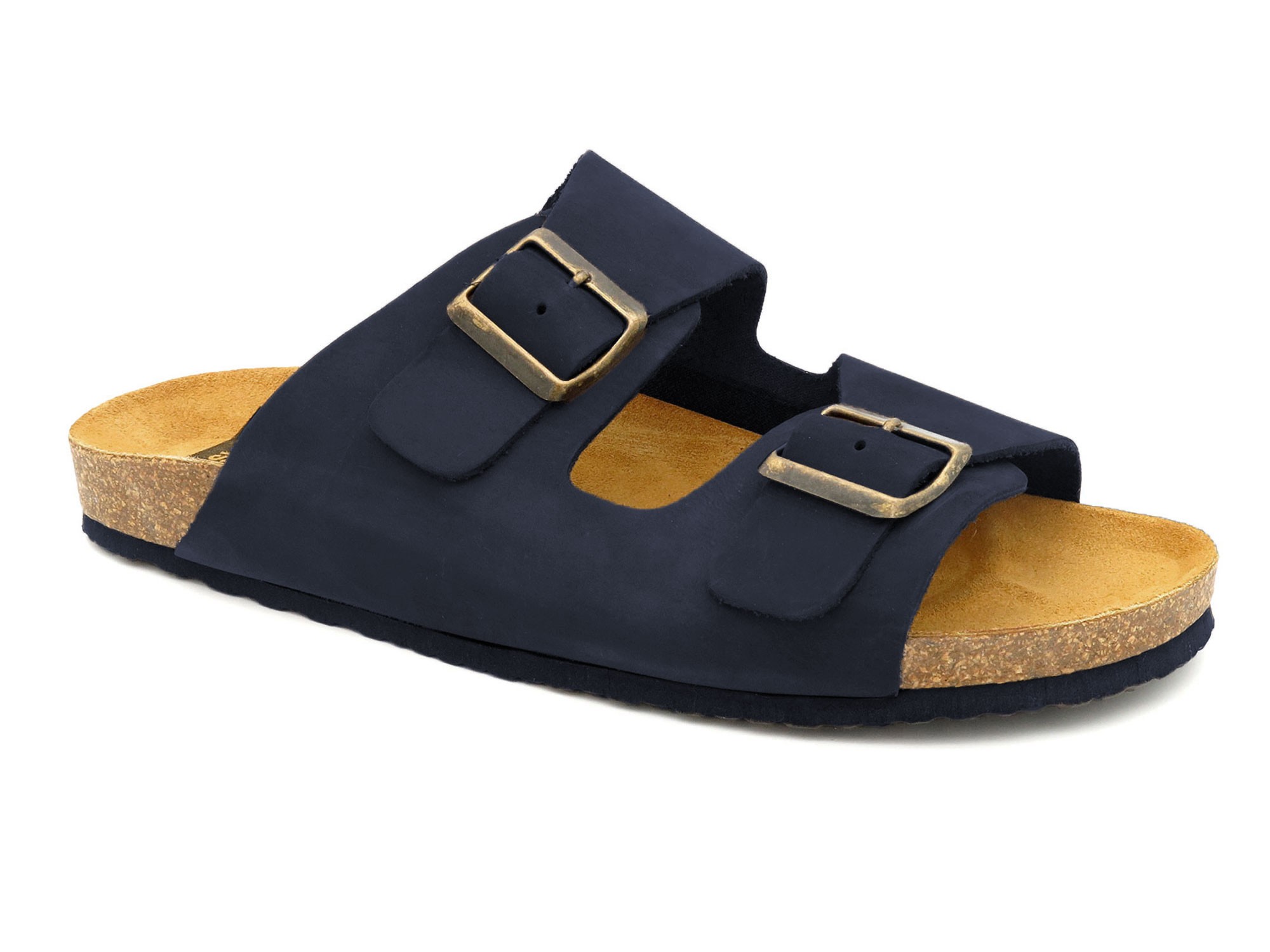 Herren Sandalen mit Fußbett navy blau Nubuk Leder Pantoletten mit Korksohle 8020 Casual
