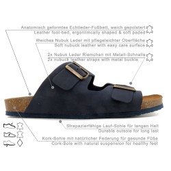 Herren Sandalen mit Fußbett navy blau Nubuk Leder Pantoletten mit Korksohle 8020 Casual