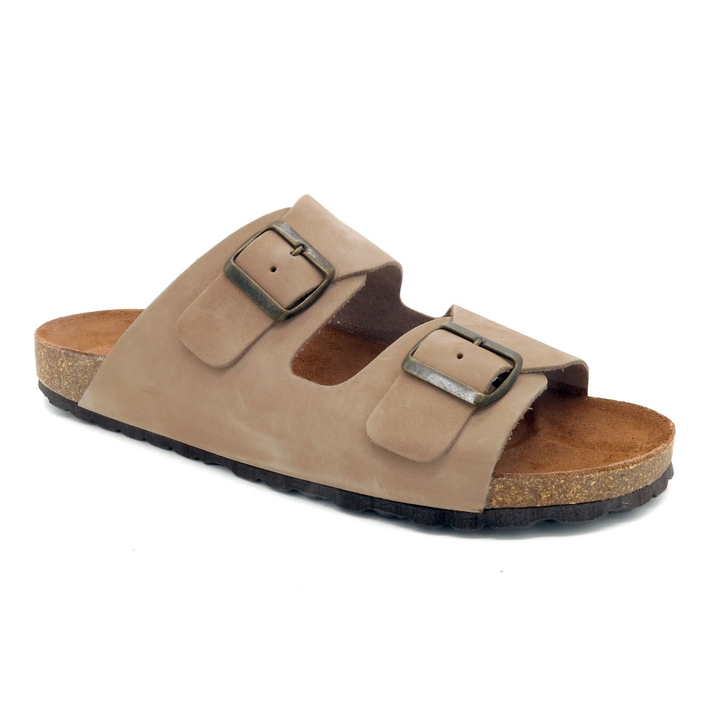 Men's Sandals Leather Two-Strap Mules beige Comfortable Nubuck Slippers from Spain 8020 Casual