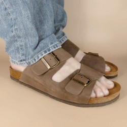 Herren Pantoletten braun Leder Sandalen Hausschuhe Echtleder Fußbett Korksohle Made In Spain 8020 Casual Spanien