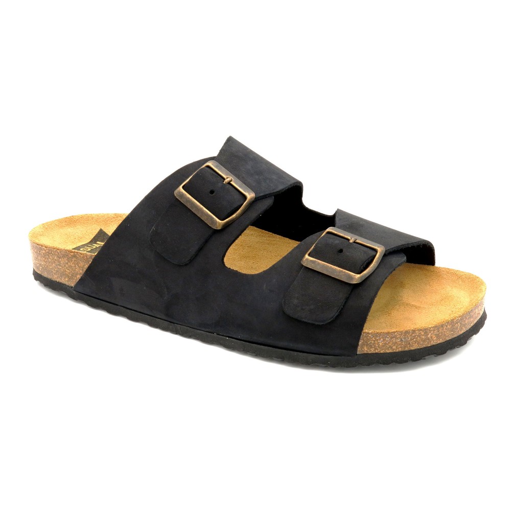 Bequeme Herren Sandalen aus echtem Leder schwarz Zwei-Riemen Pantoletten mit Fußbett 8020 Casual Spanien