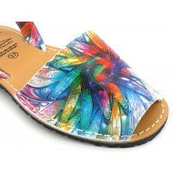 Leather Women's Avarcas Flat Sandals, colorful blue flowers 383 - Avarca Menorquina - Made in Spain