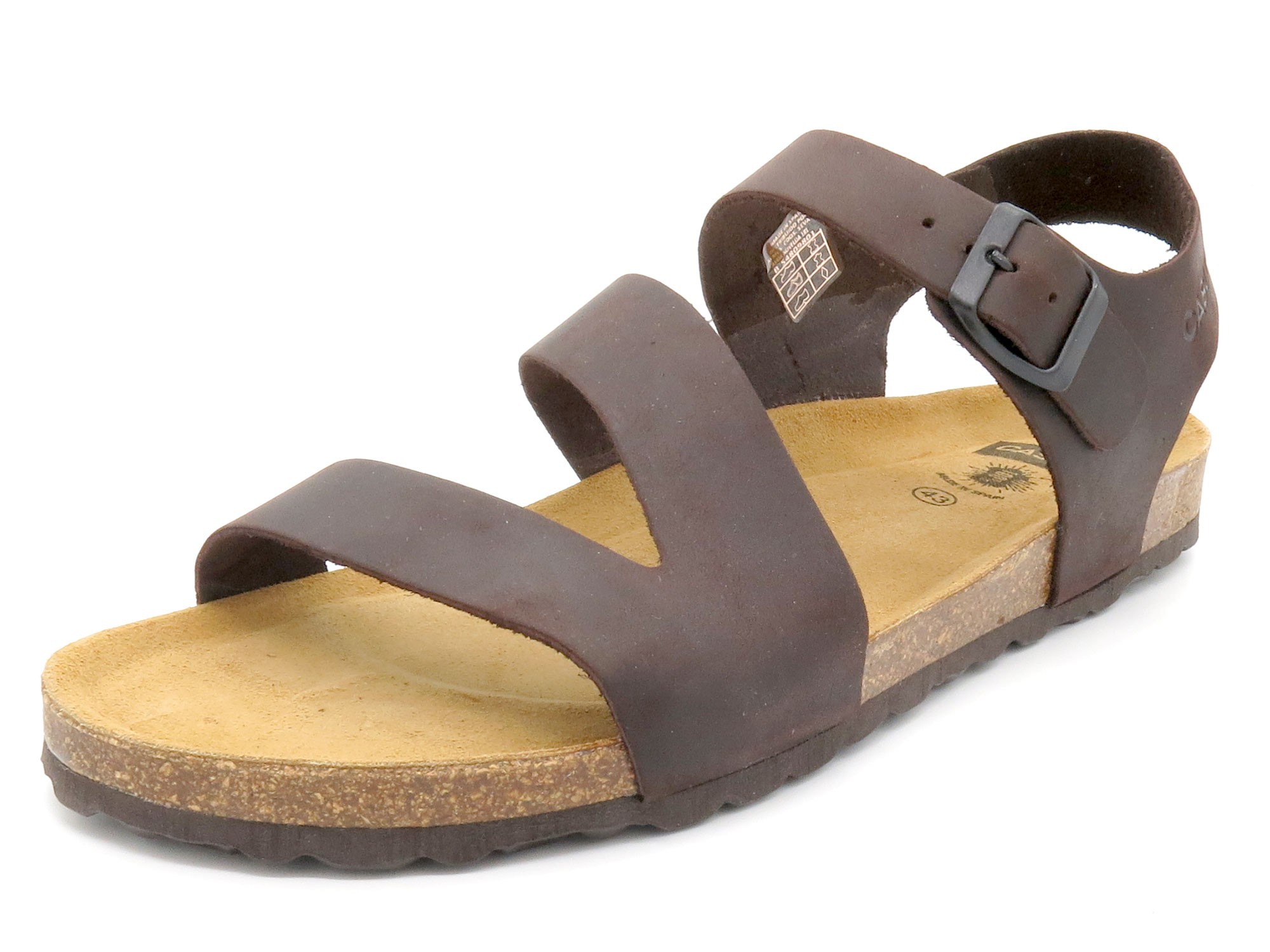Men’s Leather Sandals with Supportive Heel Strap & Cork Sole, brown - Made in Spain Casual 72601