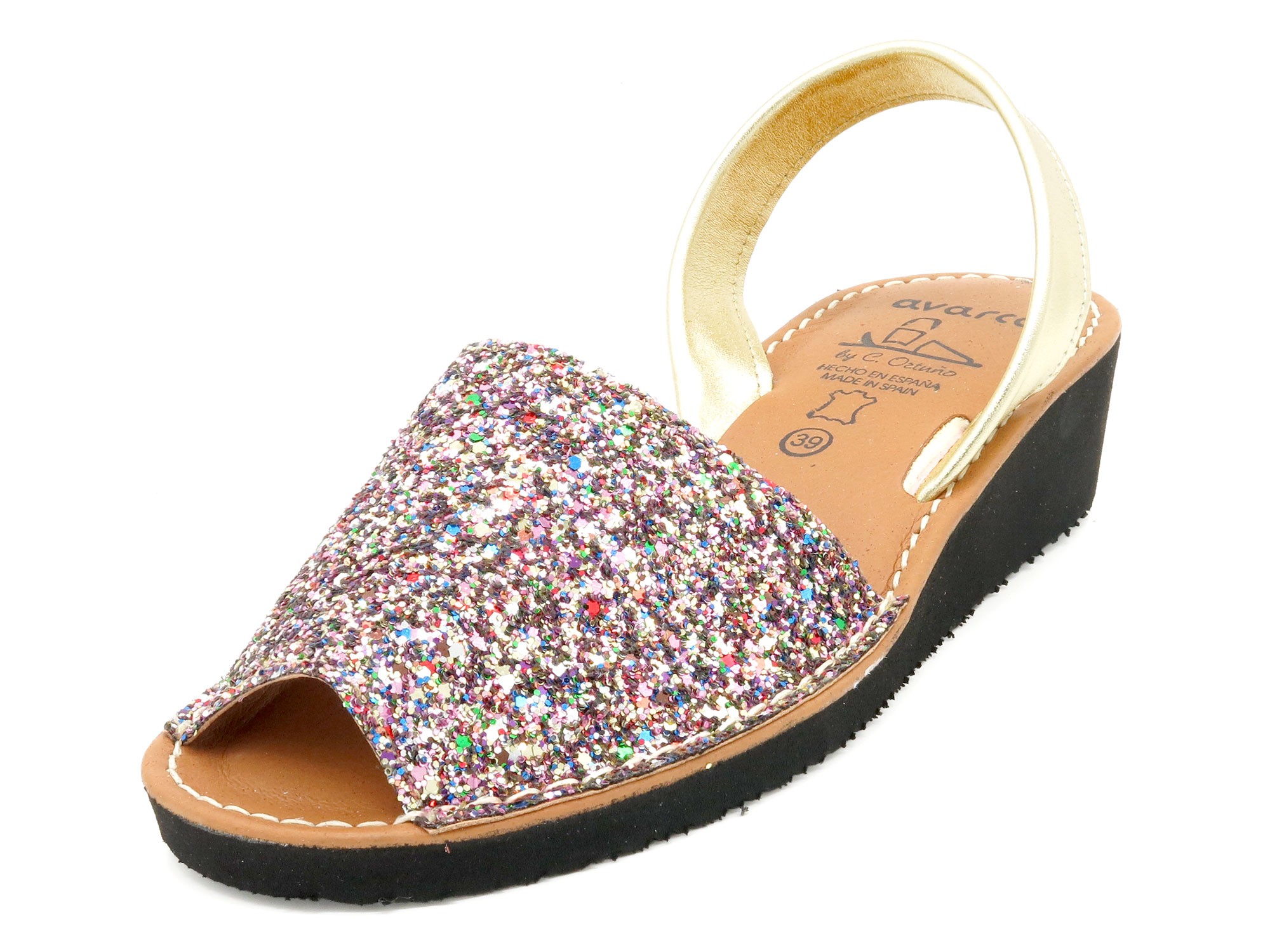 Women’s glitter leather wedge sandals Avarca Menorquina 3275 original Avarcas C.Ortuno Made In Spain