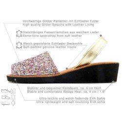 Damen Glitzer Keilsandalen aus echtem Leder Premium Avarca Menorquina Made in Spain 4 cm Keilabsatz Damen Avarcas C.Ortuno 3275