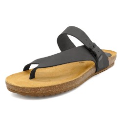 Damen Zehentrenner Schwarz aus Leder mit anatomischem Kork-Fußbett und verstellbarer Schnalle – Made in Spain