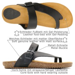 Women’s Black Leather Sandals – Flat Toe Post Mules with Cork Sole and Gel Cushioned Footbed
