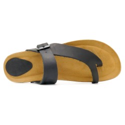 Damen Pantoletten Schwarz Leder – Flache Zehentrenner Sandalen mit Korksohle und Gel-Fußbett