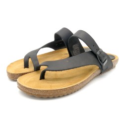 Women’s Black Leather Sandals – Flat Toe Post Mules with Cork Sole and Gel Cushioned Footbed