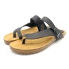 Women’s Black Leather Sandals – Flat Toe Post Mules with Cork Sole and Gel Cushioned Footbed