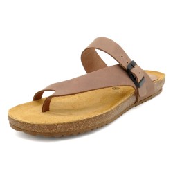 Damen Pantoletten Braun Leder – Flache Zehentrenner Sandalen mit Korksohle und Gel-Fußbett