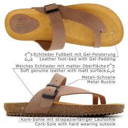 Women’s Brown Leather Mules – Flat Toe Post Sandals with Cork Sole and Cushioned Footbed