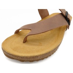 Women’s Brown Leather Mules – Flat Toe Post Sandals with Cork Sole and Cushioned Footbed