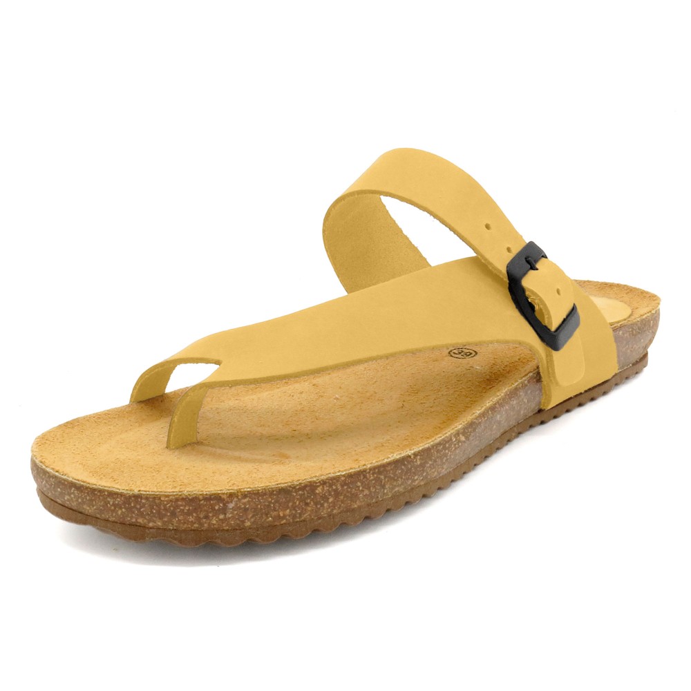 Damen Pantoletten Gelb Leder – Flache Zehentrenner Sandalen mit Korksohle und Gel-Fußbett