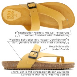 Women’s Yellow Leather Mules – Flat Toe Post Sandals with Cork Sole and Cushioned Footbed