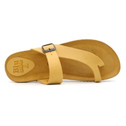 Women’s Yellow Leather Mules – Flat Toe Post Sandals with Cork Sole and Cushioned Footbed