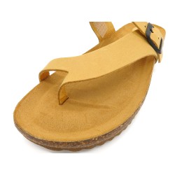 Women’s Yellow Leather Mules – Flat Toe Post Sandals with Cork Sole and Cushioned Footbed