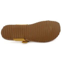 Women’s Yellow Leather Mules – Flat Toe Post Sandals with Cork Sole and Cushioned Footbed