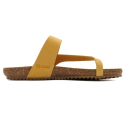 Women’s Yellow Leather Mules – Flat Toe Post Sandals with Cork Sole and Cushioned Footbed