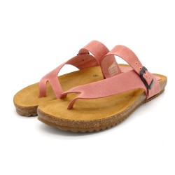 Damen Pantoletten Rosa Leder Zehentrenner Sandalen mit Korksohle und weich gepolstertem Fußbett