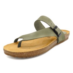 Women’s Khaki Leather Toe Post Sandals with Cork Sole and Supportive Footbed