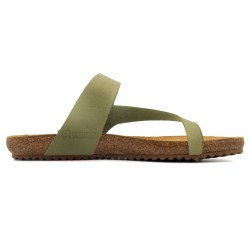 Women’s Khaki Leather Toe Post Sandals with Cork Sole and Supportive Footbed
