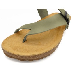 Damen Pantoletten Khaki Leder Zehentrenner mit Korksohle und komfortablem Fußbett - Made In Spain