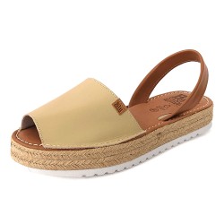 Plateau Sandalen Damen Beige Leder mit Bastsohle – Avarca Menorquina Made in Spain