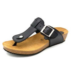 Damen Pantoletten Schwarz Leder mit Keilabsatz – Zehentrenner mit Korksohle und gepolstertem Fußbett BluSandal 714 Spanien