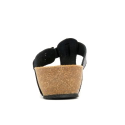 Damen Pantoletten Schwarz Leder mit Keilabsatz – Zehentrenner mit Korksohle und gepolstertem Fußbett