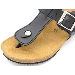 Damen Pantoletten Schwarz Leder mit Keilabsatz – Zehentrenner mit Korksohle und gepolstertem Fußbett