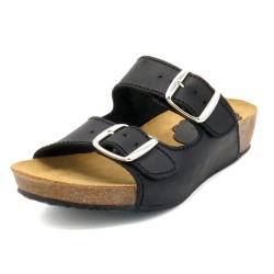 Damen Pantoletten Schwarz mit Keilabsatz und Korksohle BluSandal 701 Made In Spain