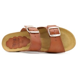 BluSandal Damen Pantoletten Cognac Braun Leder Sandalen mit Keilabsatz - Made In Spain