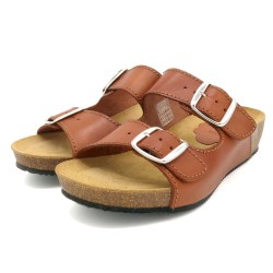 BluSandal Damen Pantoletten Cognac Braun Leder Sandalen mit Keilabsatz - Made In Spain