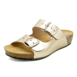 BluSandal Damen Pantoletten Gold Leder Keilsandalen mit Korksohle und Keilabsatz - Hergestellt in Spanien 701