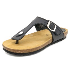 Damen Zehentrenner Sandalen Leder Schwarz mit Korksohle und Echtleder Fußbett BluSandal 502