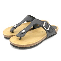 BluSandal Women’s Black Toe Post Sandals Leather Mules with Cork Sole & Leather Footbed