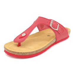 BluSandal Women’s Flat Sandals Red Leather Toe Post Mules with Cork Sole & Leather Footbed 502
