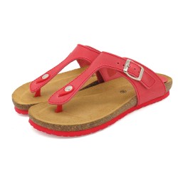 BluSandal Damen Sandalen Rot Leder Pantoletten Zehentrenner mit Echtleder Fußbett & Korksohle