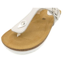 BluSandal Damen Zehentrenner Sandalen Weiß Leder Pantoletten mit Korksohle und gepolstertem Lederfußbett